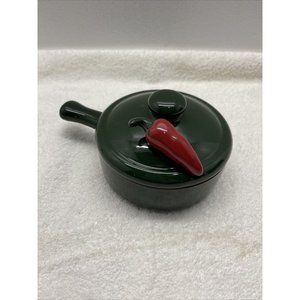 Small Green Terracotta Soup Crock w/ Handle & Lid  Red Chili Pepper Accent